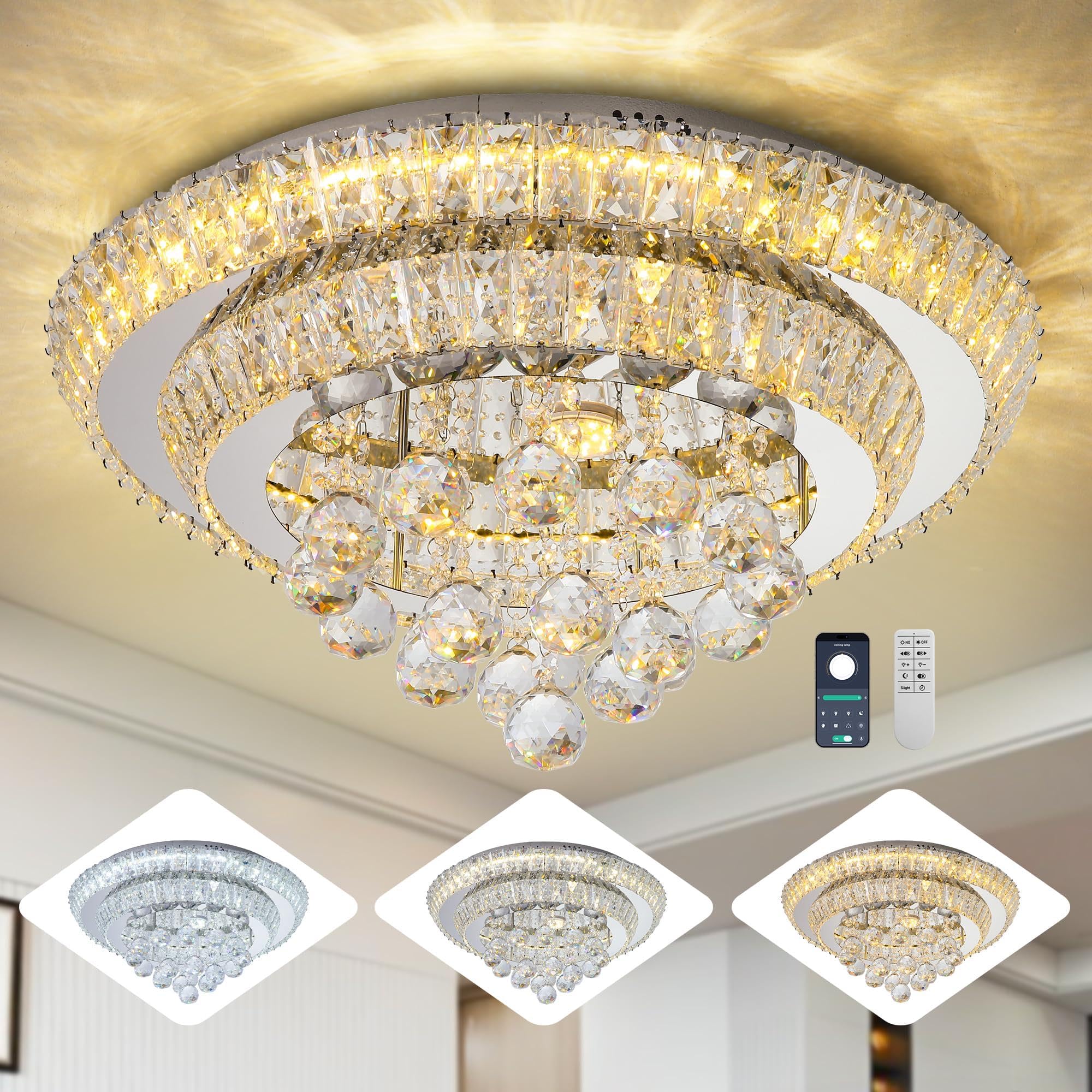Miuyhji Elegant LED Crystal Raindrop Ceiling Light,20 inch Square